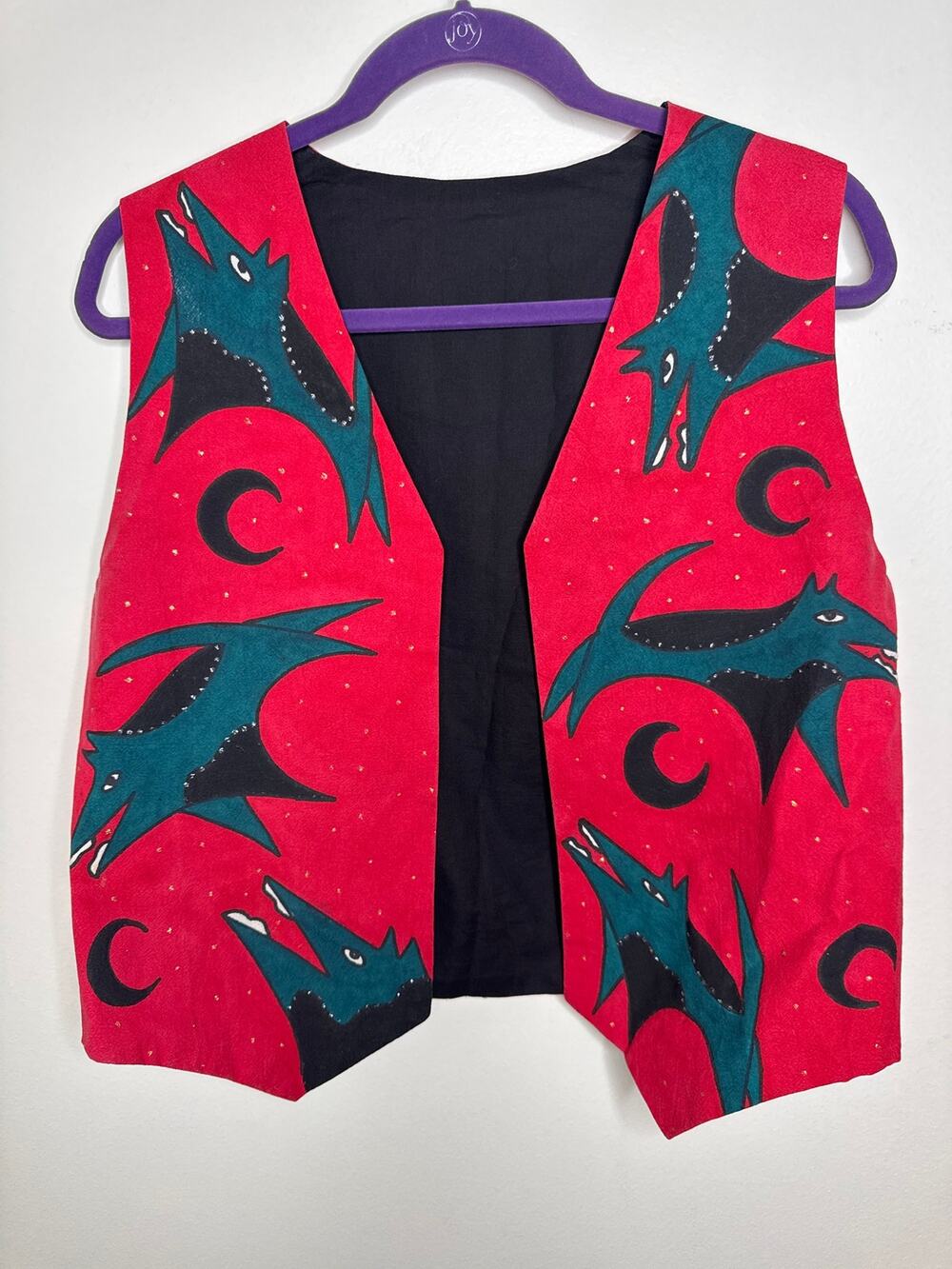 1990’s Hand-Painted Wolf Vest by Patti Gallardo- Tabu Artwear Made in Mexico SM
